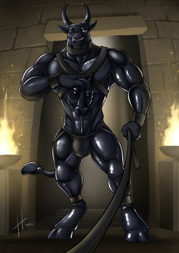abs anthro beady_eyes black_body black_clothing black_harness black_horn black_jockstrap black_latex black_tail black_underwear clothing fire harness holding_leash holding_mask holding_object horn inside jockstrap latex leash male male_anthro muscular muscular_anthro muscular_male pecs solo standing tail underwear hufnaar hornet_(hornetv2) bovid bovine cattle latex_creature mammal 2021 dated hi_res