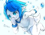 ambiguous_gender anthro blue_eyes blue_hair bottomless clothed clothing fluffy fur glistening glistening_eyes hair hand_on_mouth kemono shirt shirt_only small_ears solo tail topwear topwear_only underwater water water_bubble white_body white_clothing white_fur white_shirt white_tail white_topwear young young_anthro naegi spica_(aoino) canid canine fox mammal 2019 absurd_res hi_res