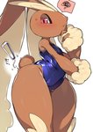 anthro blush brown_body brown_fur brown_tail clothing female female_anthro forceps fur medical_instrument one-piece_swimsuit scientific_instrument simple_background solo surgical_instrument swimwear tail thick_thighs tweezers white_background mizo_ne nintendo pokemon generation_4_pokemon lopunny pokemon_(species) 2020 digital_media_(artwork) portrait three-quarter_portrait