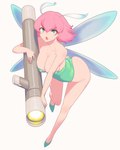 antennae_(anatomy) big_breasts big_butt breasts butt cleavage clothed clothing eyelashes fairy female footwear gradius green_clothing green_eyes green_footwear green_shoes green_towel hair hi_res holding_object holding_ranged_weapon holding_rocket_launcher holding_weapon humanoid insect_wings konami kous looking_at_viewer open_mouth parodius pink_hair ranged_weapon rocket_launcher shoes short_hair simple_background solo tan_body tan_skin thick_thighs towel towel_only weapon white_background wide_hips winged_humanoid wings