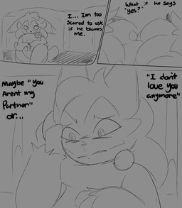 bed bedroom cheek_tuft claws facial_tuft female fur furniture hand_on_head lost_in_thought nervous sad scared sitting solo text tuft spicykiwi nintendo pokemon tulip_(spicykiwi) floragato generation_9_pokemon pokemon_(species) absurd_res comic english_text hi_res monochrome story