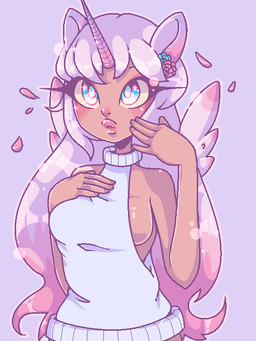 blue_eyes breasts clothing collar eyelashes feathered_wings feathers female horn looking_up pink_background simple_background solo sweater topwear wings glittermiilk horned_humanoid humanoid winged_humanoid 2017 3:4 aliasing digital_media_(artwork)