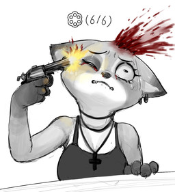 4_fingers anthro blood blood_spray bodily_fluids brain_damage breasts choker cleavage clothed clothing constricted_pupils cross crying crying_blood curvy_figure cute_fangs death defeated dress ear_piercing ear_ring ears_down fail fangs fatal fatal_wound female fingers furrowed_eyebrows game_over gameplay_mechanics gore gun gun_to_head gunpoint handgun jewelry killing morbid muzzle_flash necklace no_bra perforating_wound piercing pivoted_ears point_blank pouting pupils ranged_weapon revolver ring_piercing russian_roulette ryona scared shot_in_head small_pupils solo suicide tears teeth unsafe_weapon_practices weapon wince e254e okgaki third-party_edit liar's_bar mistakes_were_made foxy_(liar's_bar) canid canine fox mammal hi_res