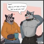 anthro beverage black_nose blush border bottomwear clothing coffee container cup dialogue duo grey_body grey_border heart_symbol hoodie humanoid_hands male male/male mug nipples pants text topwear jabelruth password_(visual_novel) dave_(password) tyson_(password) canid canine canis hyena mammal striped_hyena wolf 1:1 2022 english_text hi_res