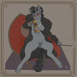 animal_genitalia animal_vulva cigarette cigarette_holder clothed clothing coat dock_(anatomy) dock_piercing ear_piercing equine_genitalia equine_vulva female feral furgonomics furry-specific_piercing gem genitals hair jewelry leg_brace lipstick looking_at_viewer lounger lying makeup mature_female necklace nude on_back pearl_(gem) pearl_necklace piercing red_eyes simple_background smoke smoking solo spread_legs spreading tail topwear vulva stray_prey hasbro my_little_pony fan_character velvet_vice earth_pony equid equine horse mammal pony 1:1 2025 absurd_res digital_media_(artwork) hi_res