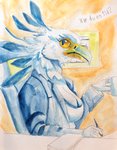 anthro beak black_body black_feathers breasts chair cleavage clothed clothing coffee_mug desk eyelashes feathers female furniture inside non-mammal_breasts office pupils secretary sitting slit_pupils solo table text white_body white_feathers yellow_eyes dew_dragon accipitriform avian bird secretary_bird absurd_res hi_res painting_(artwork) swedish_text traditional_media_(artwork) translated watercolor_(artwork)