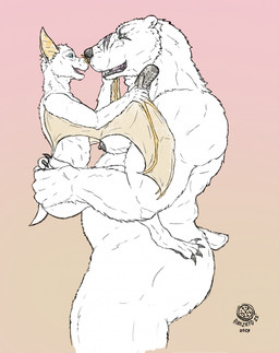 anthro duo electronics eye_contact looking_at_another male male/male microphone muscular open_mouth open_smile side_view size_difference smile winged_arms wings brazato bat bear mammal polar_bear ursine hi_res