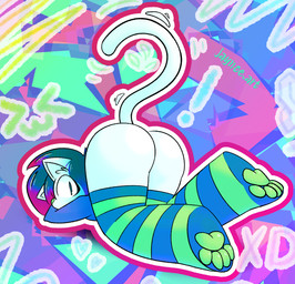>w< alternative_fashion ambiguous_gender anthro big_butt big_eyes bottomless bright_colors butt cat_tail clothed clothing footwear fur glistening glistening_pawpads graffiti green_eyes green_hair green_nose hair heart_symbol legwear multicolored_hair neon pattern_clothing pattern_footwear pattern_legwear pattern_socks pawpads paws pink_hair pointy_ears pupils rainbow rainbow_hair red_hair_tips scene_(fashion) slit_pupils socks solo spiky_hair striped_clothing striped_footwear striped_socks stripes tail tail_motion tailwag white_body white_fur xd jaynoedotart felid feline mammal absurd_res hi_res high_contrast