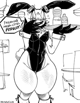 anthro breasts bunny_costume cleavage clothed clothing costume covering covering_mouth cuffs_(clothing) dialogue ear_covers fangs female footwear gloves handwear high_heels holy_ring horn laugh lube_bottle platter sex_toy shoes smile solo speech_bubble talking_to_viewer teasing teasing_viewer teeth thick_thighs wide_hips haloluli bandai_namco digimon tenga cherubimon cherubimon_(evil) digimon_(species) humanoid black_and_white hi_res monochrome