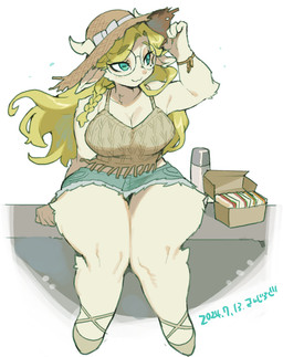 anthro arm_tuft big_breasts blonde_hair blue_eyes bottomwear bow_accessory bracelet braided_hair breasts cheek_tuft cleavage clothed clothing crop_top denim denim_bottomwear denim_clothing denim_skirt eyelashes eyewear facial_tuft female food footwear glasses hair hand_on_hat hat headgear headwear horn jewelry leg_tuft markings mole_(marking) mole_under_eye round_glasses sandwich_(food) shirt shoes simple_background sitting skirt solo straw_hat thermos thick_thighs thigh_tuft topwear tuft white_background wide_hips sanjiro mei-chan_(kaeritai07) bovid caprine goat mammal 2024 dated hi_res