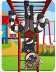 anthro barefoot blonde_hair clothed clothing feet female flat_chested fur green_eyes grey_body grey_fur hair hanging_by_feet markings monkey_bars multicolored_body multicolored_fur outside playground ring_(marking) ringed_tail short_hair solo striped_markings striped_tail stripes tail tail_markings toes upside_down white_body white_fur young young_anthro sicmop lemur mammal primate strepsirrhine alternate_version_at_source hi_res