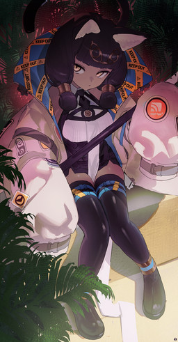 animal_ears animal_tail bangs barricade_tape black_clothing black_dress black_footwear black_hair black_legwear black_shoes black_thigh_highs blunt_bangs caution_tape clothed clothing dark_body dark_skin dress female female_humanoid footwear hair holding_object holding_staff jacket keep_out legwear looking_at_viewer looking_up looking_up_at_viewer open_clothing open_jacket open_topwear oversized_clothing oversized_jacket oversized_topwear plant sitting sleeveless_shirt solo staff thigh_highs topwear yellow_eyes songchuan_li arknights hypergryph studio_montagne medjehtiqedti_(arknights) animal_humanoid cat_humanoid felid felid_humanoid feline feline_humanoid humanoid mammal mammal_humanoid absurd_res colored detailed digital_drawing_(artwork) digital_media_(artwork) full-length_portrait hi_res portrait shaded