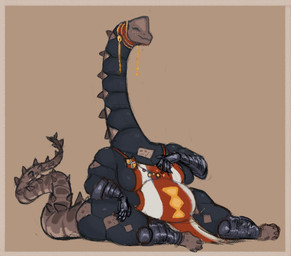 anthro apron armor belly breasts brown_tail cleavage clothed clothing dark_body dark_scales emblem eyes_closed featureless_breasts female gauntlets gloves hand_on_chest hand_on_leg hand_on_thigh handwear long_neck multicolored_clothing neck_spikes overweight overweight_anthro overweight_female partially_clothed raised_tail red_clothing ridges scales shoulder_strap side_boob simple_background sitting smile solo spanish_flag spiked_tail spikes spikes_(anatomy) tail tan_background tassels thick_thighs white_clothing konbro dinosaur prehistoric_species reptile saurischian sauropod sauropodomorph scalie 2025 colored digital_drawing_(artwork) digital_media_(artwork) shaded