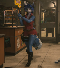 anthro belt blue_body blue_fur blue_hair boots bottomwear clothing convenience_store cosplay duo female footwear fur gun hair handgun hat headgear headwear holding_object holding_weapon jewelry leather leather_clothing looming looming_threat male necklace pistol ranged_weapon red_clothing shoes shorts store tail text topwear vest walking weapon bustin3d warfaremachine_(modeler) capcom nintendo resident_evil star_fox krystal_(star_fox) mr._x_(resident_evil) warfare_krystal canid canine fox human mammal 3d_(artwork) absurd_res digital_media_(artwork) english_text hi_res huge_filesize