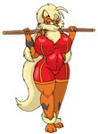 anthro anthrofied arcanine big_breasts breasts canid canine clothed clothing female fluffy fluffy_tail fur generation_1_pokemon hi_res huge_breasts large-rarge mammal nintendo pokemon pokemon_(species) pokemorph simple_background solo standing tail white_background