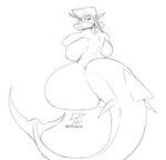 anthro back_boob big_breasts big_butt breasts butt butt_squish female huge_breasts huge_butt huge_hips long_tail looking_back nipples pompadour rear_view sitting solo squish tail thick_tail wide_hips dpronin meryl_(dpronin) fish marine shark 2021 digital_media_(artwork) monochrome signature sketch