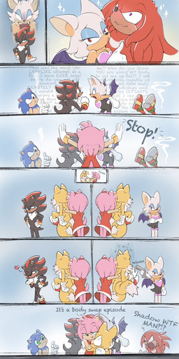 angry anthro black_body black_fur black_hair black_nose blue_body blue_eyes blue_fur blue_hair blush bodily_fluids body_swap bottomwear breasts cleavage clothed clothing empty_eyes female footwear fur furgonomic_bottomwear furgonomics green_eyes group gun hair heart_symbol holding_gun holding_object holding_ranged_weapon holding_weapon kissing_cheek looking_at_viewer male ranged_weapon red_body red_clothing red_eyes red_footwear red_fur red_hair sparkles standing sweat tail text wavy_mouth weapon white_hair wings chilicheezfri sega sonic_the_hedgehog_(series) amy_rose knuckles_the_echidna miles_prower rouge_the_bat shadow_the_hedgehog sonic_the_hedgehog bat echidna eulipotyphlan hedgehog mammal monotreme comic digital_media_(artwork) english_text hi_res