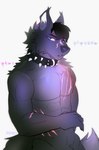 anthro athletic athletic_anthro athletic_male collar ear_piercing looking_away male muscular muscular_anthro muscular_male piercing scar solo three-quarter_view meneo lycaon_(starlycan) canid canine canis humanoid mammal wolf hi_res