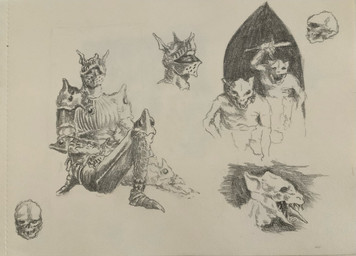 ambiguous_gender armor bone group headgear helmet holding_object holding_weapon knight not_furry sharp_teeth simple_background sitting skull teeth tongue tongue_out warrior weapon plastiboo vermis_(plastiboo) vermis_i human humanoid mammal monster official_art sketch traditional_media_(artwork)