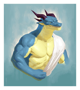 2_horns anthro blue_body blue_eyes border clothing countershade_arms countershade_face countershade_neck countershade_torso countershading front_view head_horn head_spikes holding_clothing holding_object horn humanoid_pointy_ears looking_aside male multicolored_body muscular muscular_anthro muscular_male open_mouth open_smile pointy_ears purple_horn purple_spikes simple_background smile snout solo spikes spikes_(anatomy) teal_background teeth topwear two_tone_body white_border white_clothing white_topwear yellow_body yellow_countershading yellow_inner_ear yellow_sclera kingarthur_i lizard reptile scalie 2023 colored digital_drawing_(artwork) digital_media_(artwork) half-length_portrait hi_res portrait