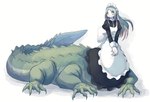 5_fingers apron clothed_taur clothing female female_taur fingers gloves green_body green_hair hair handwear looking_up maid_headdress maid_uniform simple_background solo tail uniform white_apron white_background white_clothing white_gloves white_handwear whitechip crocodile crocodile_taur crocodilian crocodilian_taur reptile reptile_taur scalie scalie_taur taur 2021