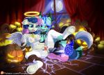 2017 anthro anthrofied areola bodily_fluids bonbon_(mlp) breasts candle clothing cum disembodied_penis duo_focus equid feathered_wings feathers female female/female food friendship_is_magic fruit full_moon genital_fluids genitals group hair halloween halo hasbro holidays hooves horn inside legwear lyra_heartstrings_(mlp) male mammal moon multicolored_hair my_little_pony nipple_piercing nipples open_mouth patreon patreon_logo penis piercing plant pumpkin pusspuss pussy restrained spread_legs spreading text translucent translucent_clothing two_tone_hair underhoof url wings