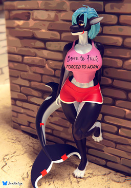 anthro beach big_breasts blue_hair bottomwear breasts brick_wall casual_clothing cleavage clothed clothing curvy_figure ear_piercing ear_ring female hair leaning_on_wall looking_away multicolored_body orange_eyes piercing pink_top profanity red_bottomwear red_clothing red_shorts ring_piercing shorts solo text text_on_clothing thick_thighs two_tone_body wall_(structure) wide_hips rileyarlic_(artist) valorlynz_(modeler) zea_nalya aquatic cetacean dolphin mammal oceanic_dolphin orca toothed_whale 3d_(artwork) digital_media_(artwork) english_text hi_res