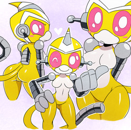 anthro belly blush breasts butt cybernetics featureless_breasts female frown genitals gesture hand_gesture hand_on_hip hands_behind_back happy heart_symbol looking_at_viewer looking_back machine multiple_poses navel nude one_eye_closed pink_eyes pose simple_background smile solo thumbs_up vulva white_belly wide_hips wink yellow_body sssonic2 super_robot_monkey_team_hyperforce_go nova_(srmthfg) cyborg haplorhine mammal monkey primate robot 2014 digital_media_(artwork) hi_res