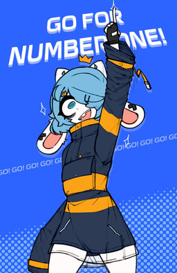 blue_eyes blue_hair cheering clothed clothing excited femboy floppy_ears front_view fur gesture gloves hair hair_over_eye hand_gesture handwear jacket lop_ears male oversized_clothing pantsless pointing pointing_up pose poster short_hair solo sparkles text tired_eyes topwear white_body white_fur probablyavv avv_(probablyavv) humanoid lagomorph leporid mammal rabbit 2025 hi_res
