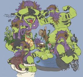big_breasts breasts female flexing flower food nipples not_furry plant sharp_teeth smile solo teeth tongue tongue_out dannyg diona_(dannyg) humanoid orc hi_res multiple_images