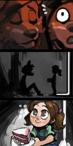 anthro bow_(feature) bow_tie cake clothing dessert eye_patch eyewear female food glowing group hat headgear headwear hook hook_hand machine male top_hat yellow_eyes bittenhard five_nights_at_freddy's scottgames bonnie_(fnaf) foxy_(fnaf) freddy_(fnaf) animatronic bear canid canine fox human lagomorph leporid mammal rabbit robot 2015 hi_res long_image tall_image