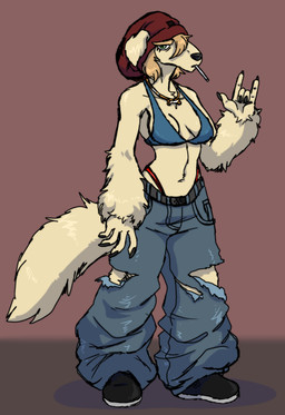 anthro arm_fluff beanie bottomwear braw candy clothing dessert eyelashes female fluffy food hair half-closed_eyes hat headgear headwear jewelry lollipop long_eyelashes narrowed_eyes necklace oversized_bottomwear oversized_clothing oversized_pants pants short_hair solo tear_trough thong thong_straps torn_bottomwear torn_clothing torn_pants underwear zimakum canid canine canis domestic_dog mammal absurd_res colored_sketch hi_res sketch
