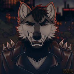 anthro black_clothing black_hair black_lips black_topwear brown_eyes cheek_tuft clothed clothing facial_tuft fangs front_view fur grey_body grey_fur hair jacket leather leather_clothing leather_jacket leather_topwear lips looking_at_viewer male male_anthro open_mouth outside plant short_hair shrub solo spiked_jacket teeth topwear tuft white_body white_fur rayliicious kayde_(kaydewolf) canid canine mammal 1:1 2025 bust_portrait dated icon portrait signature
