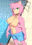 anthro bedroom_eyes breasts clothed clothing crossdressing female green_eyes medium_breasts narrowed_eyes nipples pink_body seductive smile solo swimming_pool swimming_trunks swimwear text tomboy topless topless_female rainven male_swimwear_challenge sega sonic_the_hedgehog_(series) amy_rose eulipotyphlan hedgehog mammal absurd_res hi_res url