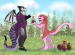 anthro duo female field flower furgonomics furry-specific_piercing garden gold_(metal) gold_jewelry hair horn horn_piercing jewelry long_hair piercing pink_flower plant plant_pot potted_plant sunflower tail tulip_(flower) wings snaildoki mythology dragon mythological_creature mythological_scalie scalie sergal digital_media_(artwork) signature