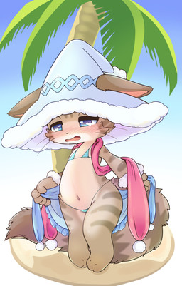 anthro bikini bikini_bottom bikini_top blue_eyes blush bottomwear clothed clothing female fur hat headgear headwear kemono loli navel open_mouth palm_tree plant scarf solo swimwear tan_body tan_fur tree two-piece_swimsuit wizard_hat young young_anthro young_female canopus335 cat_busters mafumofu_(cat_busters) domestic_cat felid feline felis mammal
