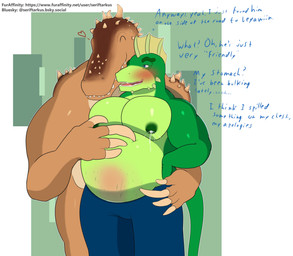 anthro big_muscles blush bodily_fluids bottomwear brown_body brown_scales claws clothing dialogue duo finger_claws green_body green_nipples green_scales hand_on_hip heart_symbol hug huge_muscles hugging_another lactating male muscular muscular_anthro muscular_male nipples pants pregnant pregnant_anthro pregnant_male scales simple_background smile spikes stretch_marks tan_body tan_scales text seriftarkus microsoft the_elder_scrolls argonian daedroth scalie comic digital_media_(artwork) english_text hi_res url
