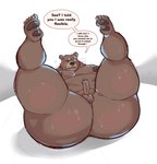 anthro belly big_belly big_butt bodily_fluids brown_body butt dialogue male moobs nipples overweight overweight_anthro overweight_male scar simple_background solo sweat text matchaijuice mihoyo zenless_zone_zero ben_bigger bear mammal 2023 english_text hi_res