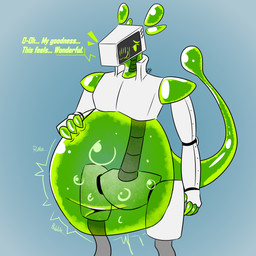 abdominal_bulge anthro belly belly_expansion belly_overhang blush bubbling dialogue expansion goo_body hand_on_belly looking_pleasured machine male metallic_body screen screen_face slime solo weight_gain skullshepard trelli_(skullshepard) goo_creature humanoid robot synth_(vader-san) 1:1 hi_res