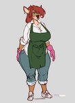 anthro antlers apron big_breasts blue_eyes bottomwear breasts brown_body clothed clothing cross cross_necklace denim denim_bottomwear denim_clothing female fingers footwear fur gloves hair handwear horn jeans jewelry legwear looking_at_viewer necklace pants rolled_up_sleeves shirt shoes simple_background smile solo text thick_thighs topwear white_background wide_hips inu-sama deer mammal new_world_deer absurd_res digital_media_(artwork) hi_res
