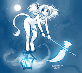 4_toes anthro biped black_sclera breasts casual_nudity digitigrade featureless_breasts feet female fingers forest front_view fur glowing glowing_eyes hair holding_melee_weapon holding_object holding_polearm holding_scythe holding_weapon holding_with_foot lamp lantern leaning leaning_forward looking_at_viewer markings melee_weapon mouthless navel night nude nude_anthro nude_female outside plant polearm scythe solo standing tail tail_tuft toes tree tuft weapon conditional_dnp tom_fischbach twokinds willow_wisp felid keidran lion mammal pantherine will-o'-the-wisp 2026 blue_and_white digital_drawing_(artwork) digital_media_(artwork) hi_res monochrome sketch