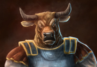 anthro armor brown_body brown_eyes brown_fur brown_horn clothed clothing front_view fur horn looking_at_viewer male male_anthro mouth_closed solo satanic_monkey bovid bovine cattle mammal bust_portrait portrait