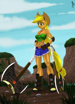anthro anthrofied axe blonde_hair clothed clothing cloud cowboy_hat female green_eyes hair hat headgear headwear melee_weapon outside sky solo tail weapon siberwar friendship_is_magic hasbro my_little_pony applejack_(mlp) earth_pony equid equine horse mammal pony 2012 hi_res