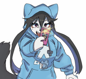4_fingers anthro black_hair black_nose breasts camera_flash cellphone claws clothed clothed_anthro clothed_female clothing cute_fangs electronics eyelashes fangs female female_anthro finger_claws fingers fur furgonomics grey_body grey_fur hair holding_cellphone holding_object holding_phone holding_smartphone hoodie kemono looking_at_viewer open_mouth phone pink_eyes sharp_teeth simple_background smartphone solo taking_picture teeth text text_on_clothing tongue topwear white_background wanda_yu okami-san_(wanda_yu) canid canine canis mammal wolf 2025 digital_media_(artwork) half-length_portrait japanese_text portrait reaction_image translated