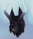 beard black_hair black_sclera blue_eyes facial_hair facial_piercing hair horn nose_piercing nose_ring piercing ring_piercing simple_background solo teeth koshak teth_wolf canid canine canis demi_god mammal wolf headshot_portrait hi_res portrait