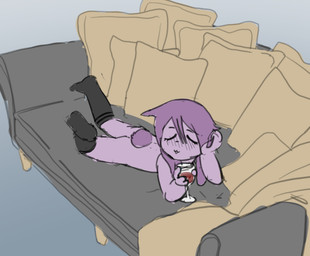 :3 anthro black_clothing black_footwear black_socks clothing container cup drinking_glass eyes_closed female footwear footwear_only fur furniture glass glass_container glass_cup hair holding_container holding_cup holding_drinking_glass holding_object holding_wine_glass lying mostly_nude on_front purple_body purple_fur purple_hair smile socks socks_only sofa solo wine_glass bravobunny lagomorph leporid mammal rabbit