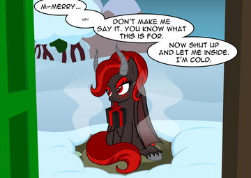 blush dialogue door doorway eyeshadow female gift hair horn makeup membrane_(anatomy) membranous_wings mouth_hold red_eyes red_eyeshadow red_hair red_tail snow solo steam style_emulation tail text wings badumsquish hasbro my_little_pony fan_character kim_stone_(oc) demon demon_pony monster absurd_res english_text hi_res