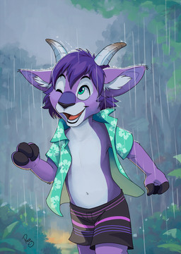 anthro black_bottomwear black_clothing black_shorts blue_clothing blue_eyes blue_topwear bottomwear clothed clothing front_view fur glistening glistening_eyes hair happy inner_ear_fluff logo looking_up male male_anthro messy_hair navel open_clothing open_mouth open_smile open_topwear purple_body purple_fur purple_hair raining short_hair shorts smile solo topwear tuft white_body white_fur white_inner_ear_fluff young young_anthro young_male pandapaco bovid caprine goat mammal artist_logo hi_res portrait signature three-quarter_portrait