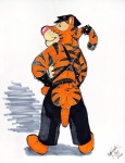 anthro anus backsack balls bdsm black_markings bondage bound butt chaps clothing erection foreskin genitals harness hat headgear headwear leather leather_daddy male markings orange_body penis raised_tail simple_background solo spikes stripes studs tail white_background irishneko disney winnie_the_pooh_(franchise) tigger felid mammal pantherine tiger hi_res