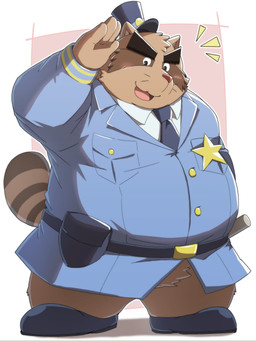 4_fingers accessory anthro blush brown_body brown_fur clothing fingers fur hat headgear headwear kemono male necktie overweight overweight_male police police_badge police_hat police_officer police_uniform shirt simple_background solo topwear uniform emufu alice_detective_bureau inspector_arai mammal procyonid raccoon 2026 3:4 hi_res